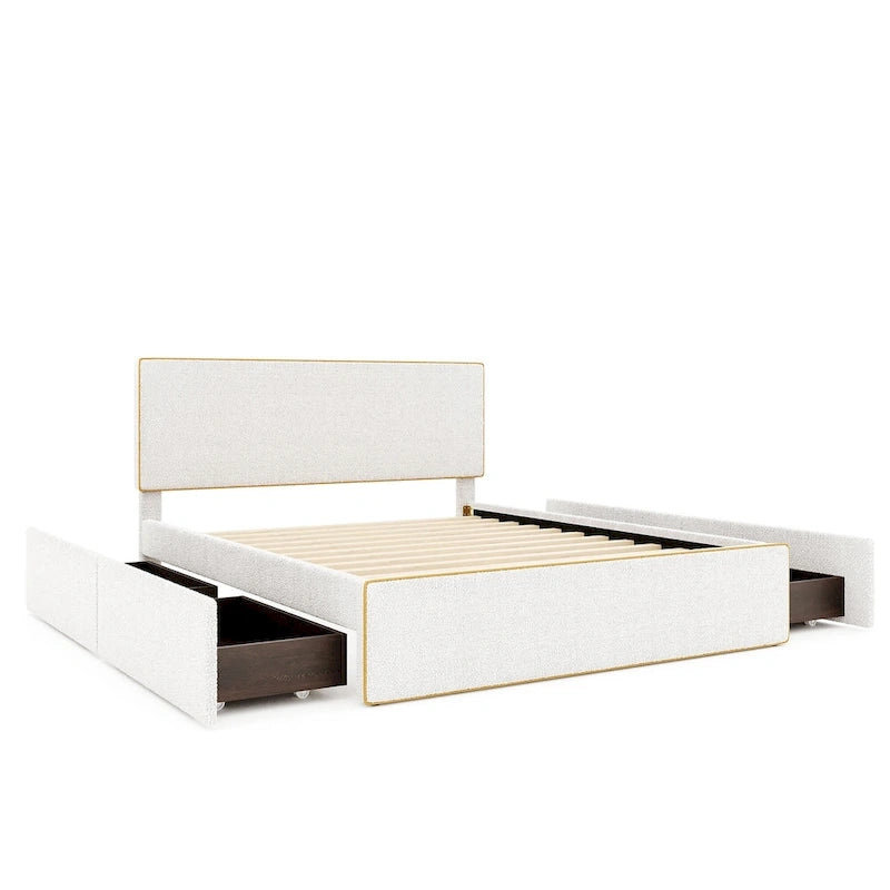 Lit plateforme rembourré Queen Size confortable avec 4 tiroirs grand rangement et tête de lit, pied de lit et tiroirs cachés des deux côtés