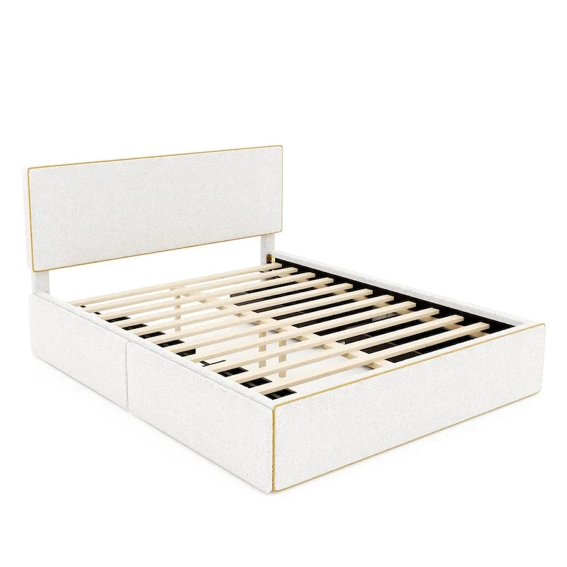 Lit plateforme rembourré Queen Size confortable avec 4 tiroirs grand rangement et tête de lit, pied de lit et tiroirs cachés des deux côtés