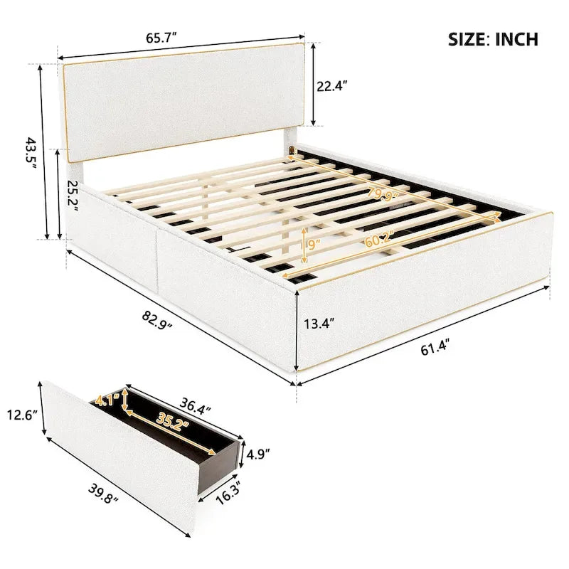 Lit plateforme rembourré Queen Size confortable avec 4 tiroirs grand rangement et tête de lit, pied de lit et tiroirs cachés des deux côtés