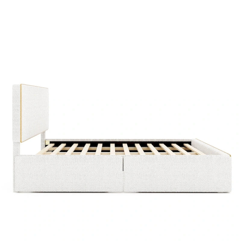 Lit plateforme rembourré Queen Size confortable avec 4 tiroirs grand rangement et tête de lit, pied de lit et tiroirs cachés des deux côtés
