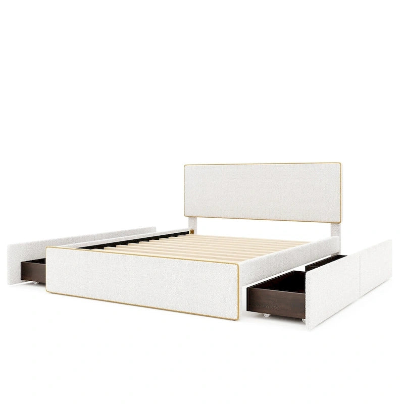 Lit plateforme rembourré Queen Size confortable avec 4 tiroirs grand rangement et tête de lit, pied de lit et tiroirs cachés des deux côtés