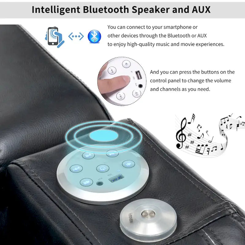Fauteuil inclinable individuel en similicuir pour cinéma maison avec porte-gobelet réfrigérant, haut-parleur Bluetooth, lumières LED et ports USB
