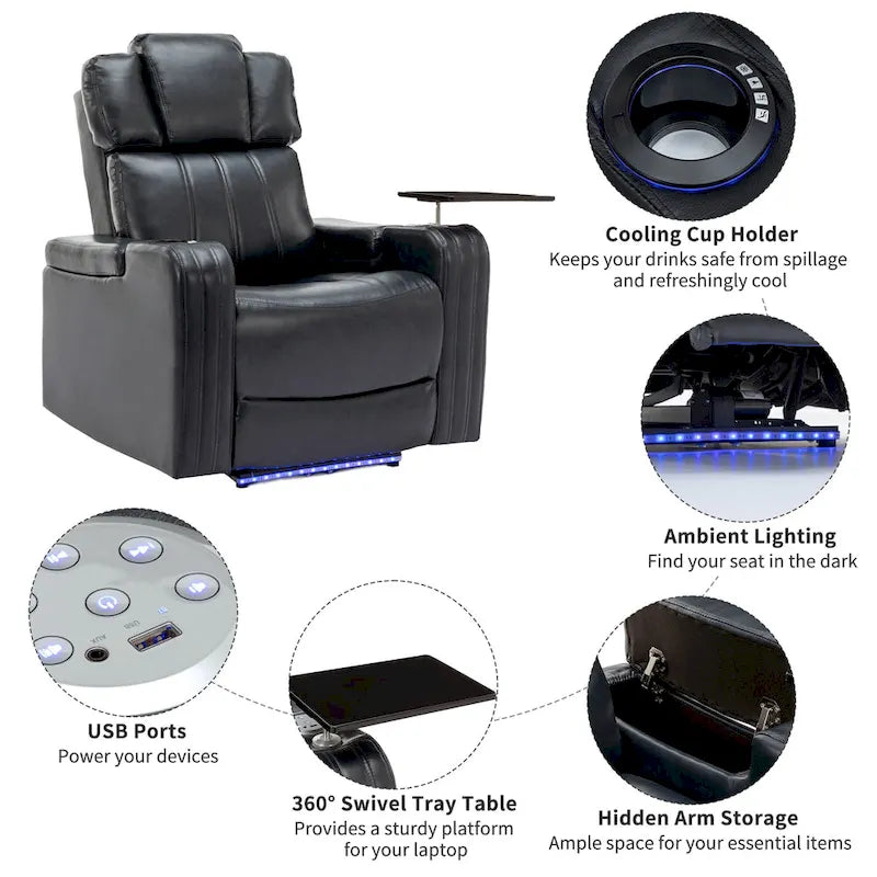 Fauteuil inclinable individuel en similicuir pour cinéma maison avec porte-gobelet réfrigérant, haut-parleur Bluetooth, lumières LED et ports USB