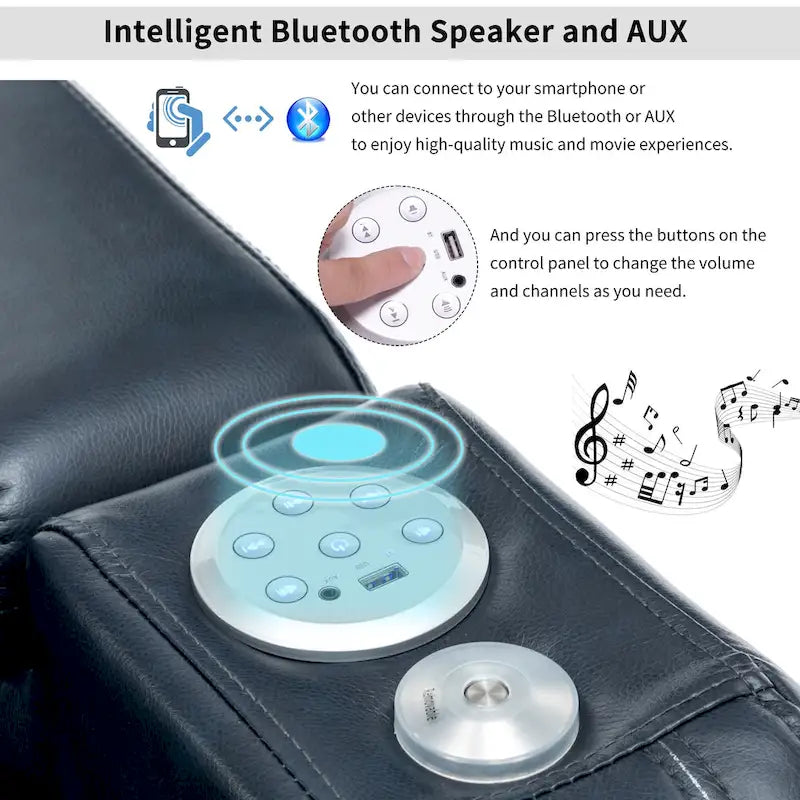 Fauteuil inclinable individuel en similicuir pour cinéma maison avec porte-gobelet réfrigérant, haut-parleur Bluetooth, lumières LED et ports USB