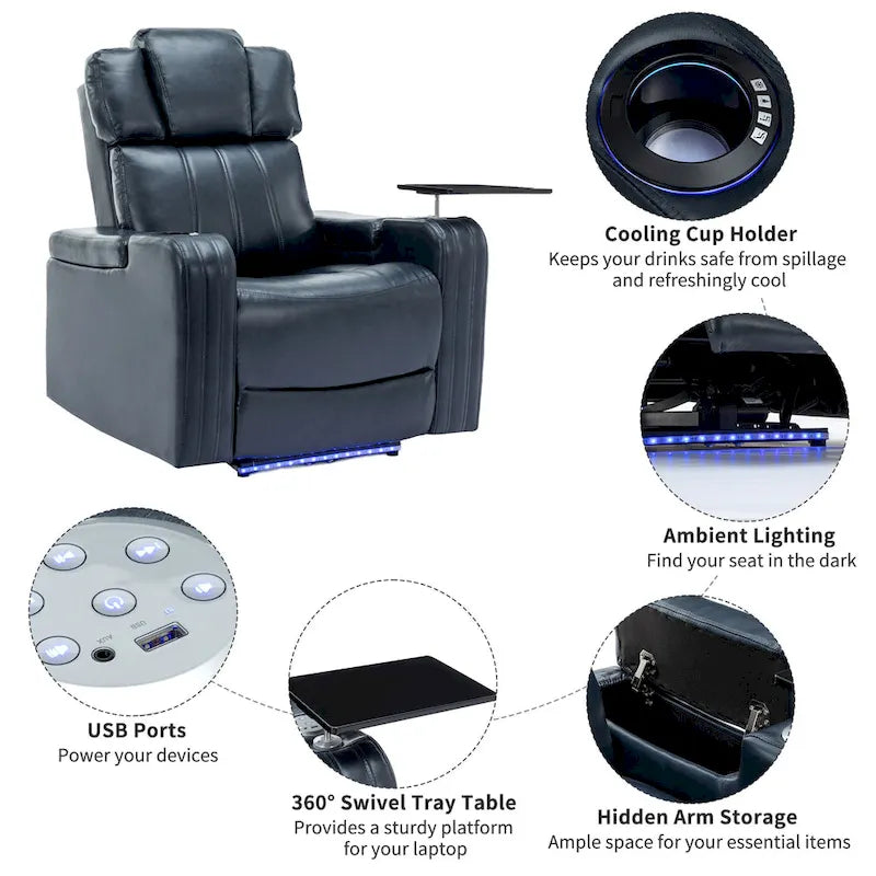 Fauteuil inclinable individuel en similicuir pour cinéma maison avec porte-gobelet réfrigérant, haut-parleur Bluetooth, lumières LED et ports USB