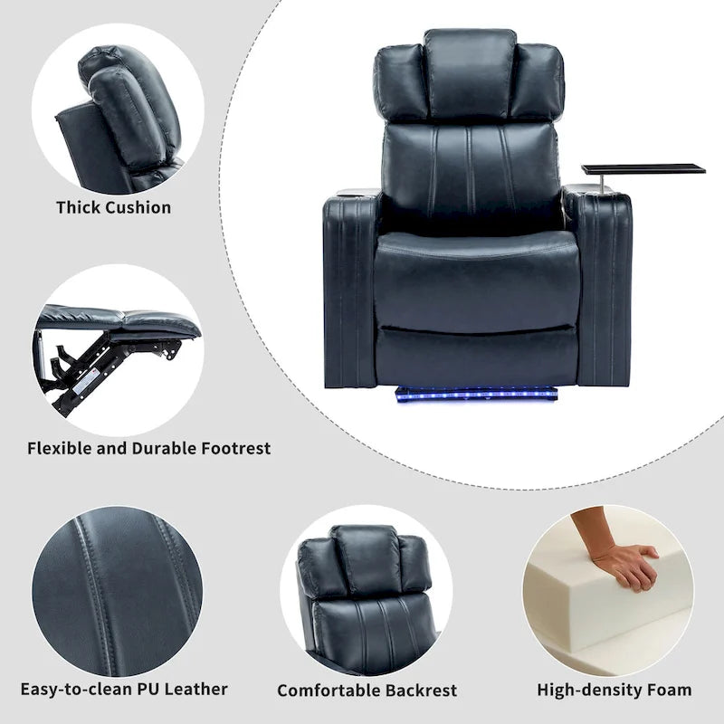 Fauteuil inclinable individuel en similicuir pour cinéma maison avec porte-gobelet réfrigérant, haut-parleur Bluetooth, lumières LED et ports USB