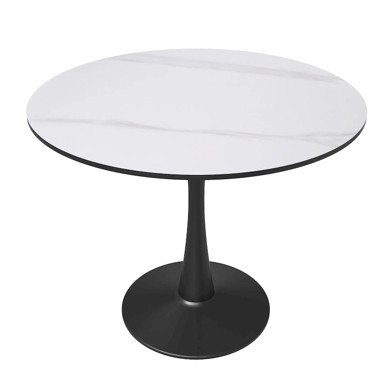 Table de salle à manger minimaliste ronde Bristol 32 pour 4 personnes, plateau en pierre frittée et piètement colonne en fer noir pour cuisine et salle à manger