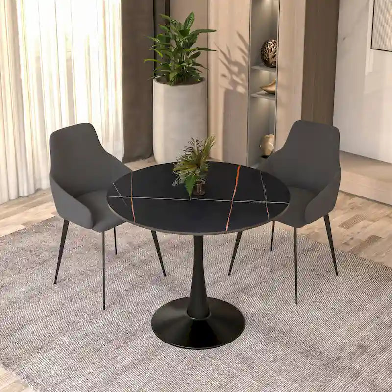 Table de salle à manger minimaliste ronde Bristol 32 pour 4 personnes, plateau en pierre frittée et piètement colonne en fer noir pour cuisine et salle à manger