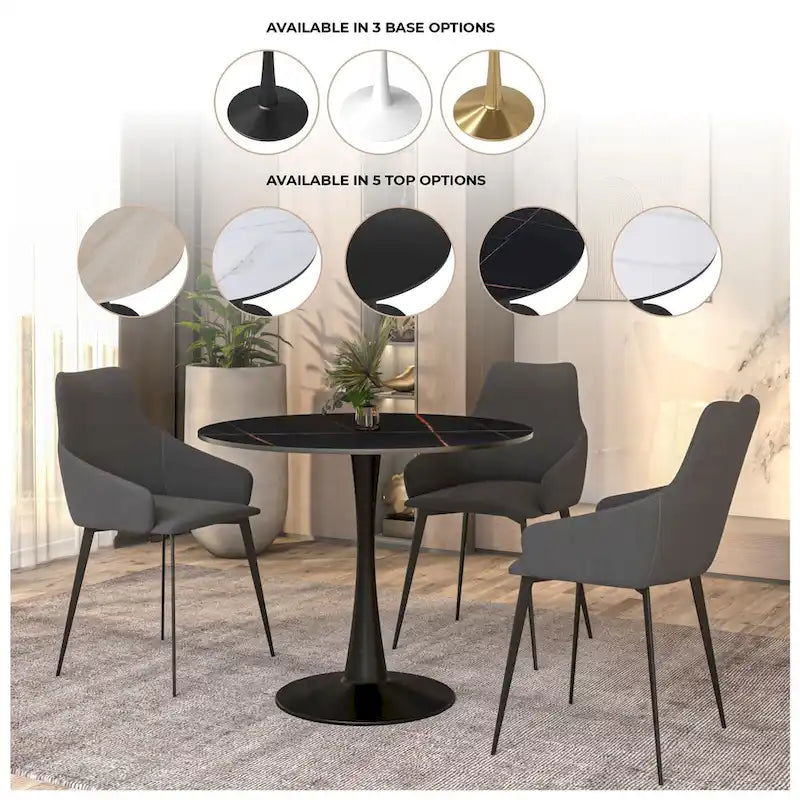 Table de salle à manger minimaliste ronde Bristol 32 pour 4 personnes, plateau en pierre frittée et piètement colonne en fer noir pour cuisine et salle à manger