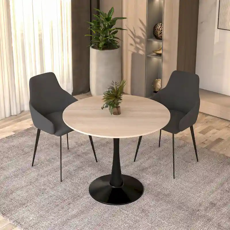 Table de salle à manger minimaliste ronde Bristol 32 pour 4 personnes, plateau en pierre frittée et piètement colonne en fer noir pour cuisine et salle à manger