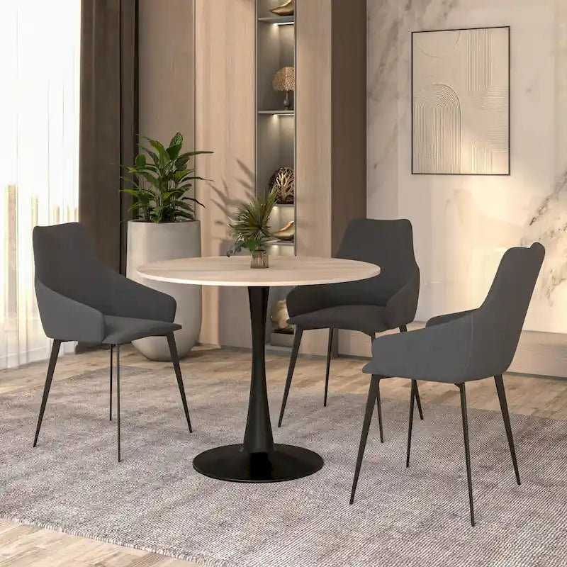Table de salle à manger minimaliste ronde Bristol 32 pour 4 personnes, plateau en pierre frittée et piètement colonne en fer noir pour cuisine et salle à manger