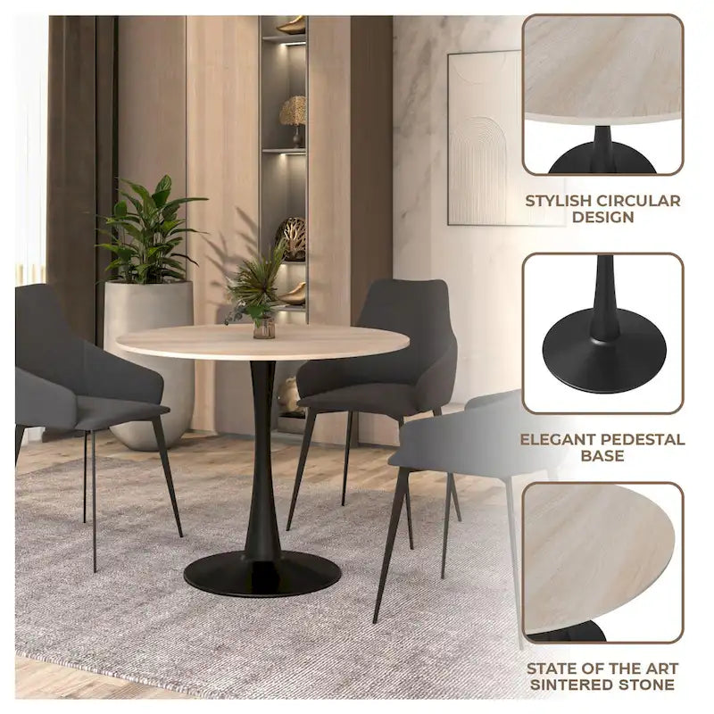 Table de salle à manger minimaliste ronde Bristol 32 pour 4 personnes, plateau en pierre frittée et piètement colonne en fer noir pour cuisine et salle à manger