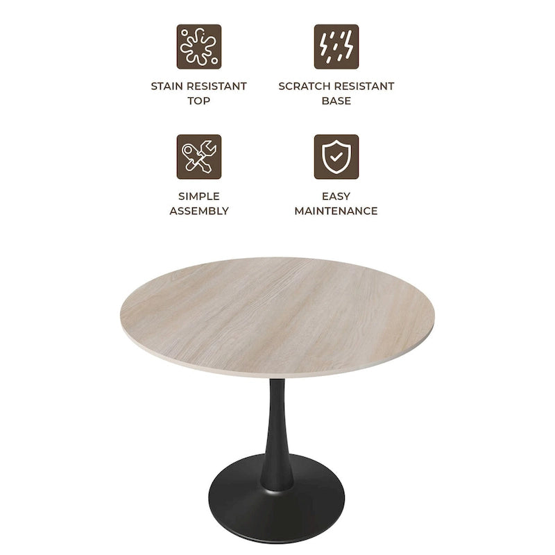 Table de salle à manger minimaliste ronde Bristol 32 pour 4 personnes, plateau en pierre frittée et piètement colonne en fer noir pour cuisine et salle à manger