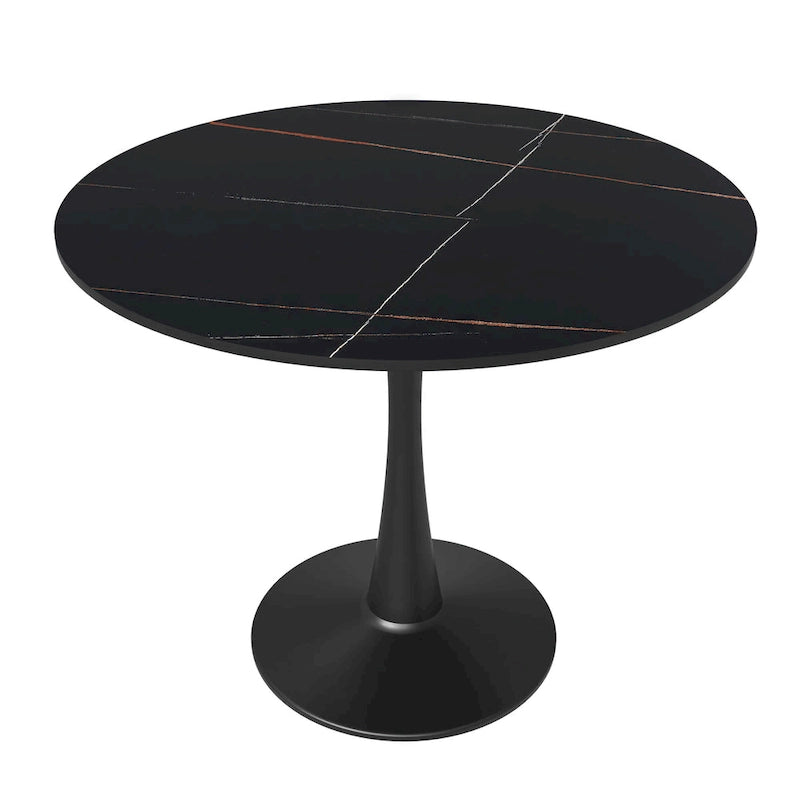 Table de salle à manger minimaliste ronde Bristol 32 pour 4 personnes, plateau en pierre frittée et piètement colonne en fer noir pour cuisine et salle à manger
