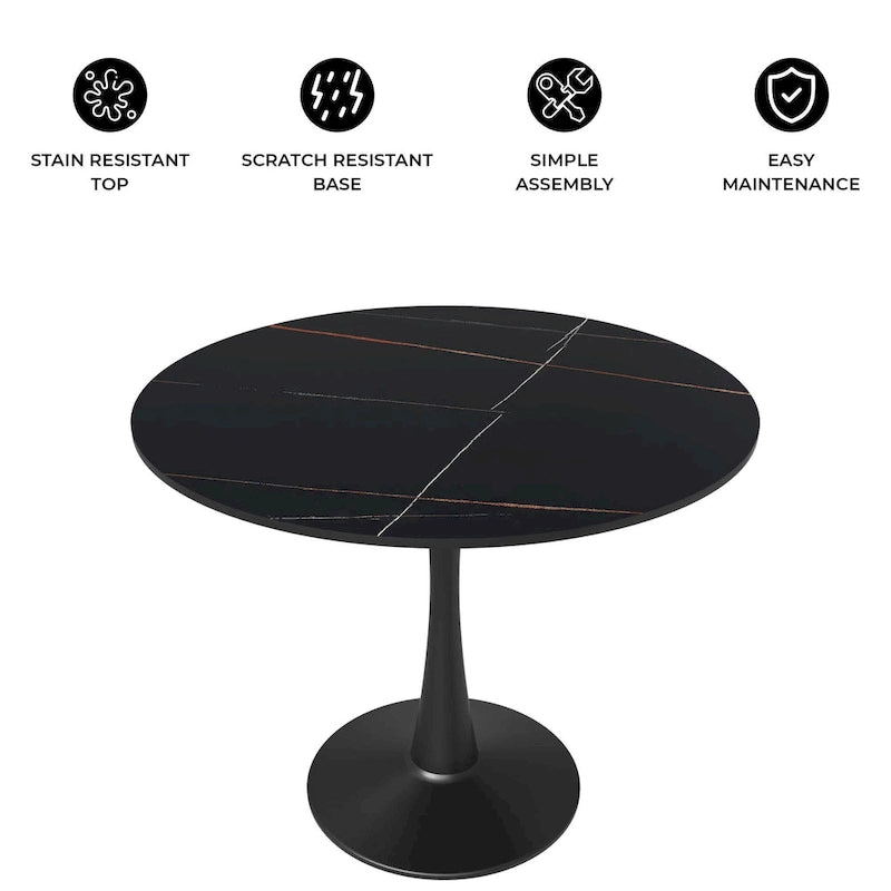 Table de salle à manger minimaliste ronde Bristol 32 pour 4 personnes, plateau en pierre frittée et piètement colonne en fer noir pour cuisine et salle à manger