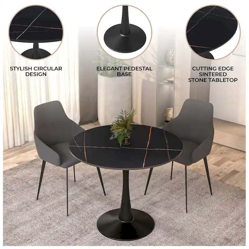 Table de salle à manger minimaliste ronde Bristol 32 pour 4 personnes, plateau en pierre frittée et piètement colonne en fer noir pour cuisine et salle à manger