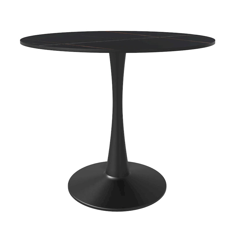Table de salle à manger minimaliste ronde Bristol 32 pour 4 personnes, plateau en pierre frittée et piètement colonne en fer noir pour cuisine et salle à manger