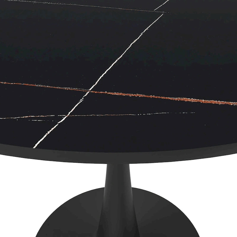 Table de salle à manger minimaliste ronde Bristol 32 pour 4 personnes, plateau en pierre frittée et piètement colonne en fer noir pour cuisine et salle à manger