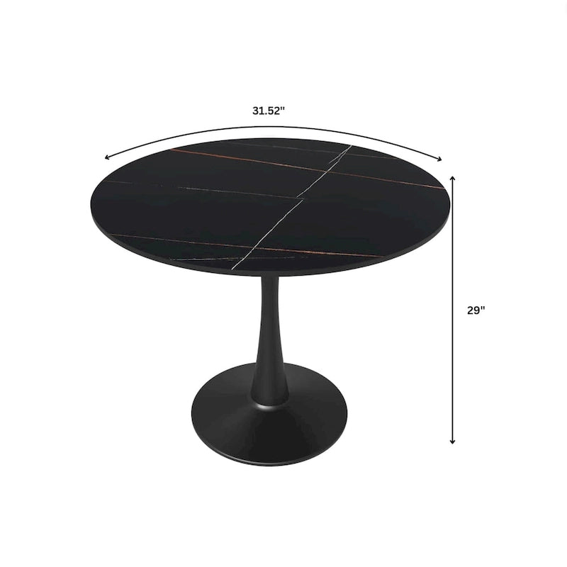 Table de salle à manger minimaliste ronde Bristol 32 pour 4 personnes, plateau en pierre frittée et piètement colonne en fer noir pour cuisine et salle à manger