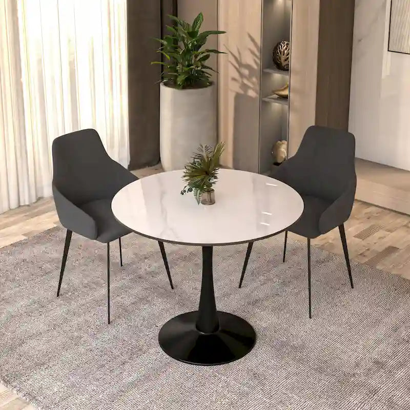 Table de salle à manger minimaliste ronde Bristol 32 pour 4 personnes, plateau en pierre frittée et piètement colonne en fer noir pour cuisine et salle à manger