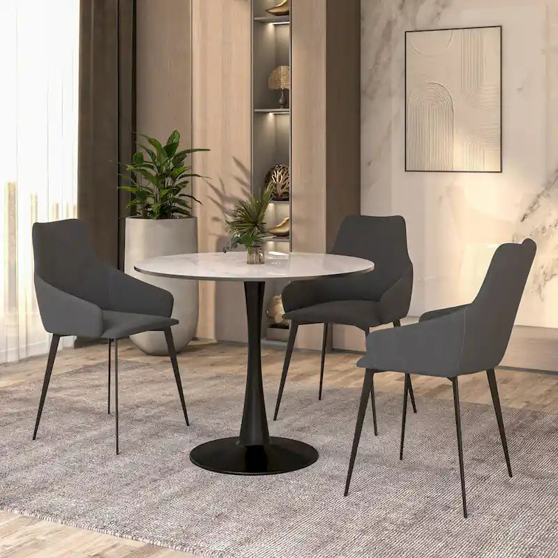 Table de salle à manger minimaliste ronde Bristol 32 pour 4 personnes, plateau en pierre frittée et piètement colonne en fer noir pour cuisine et salle à manger