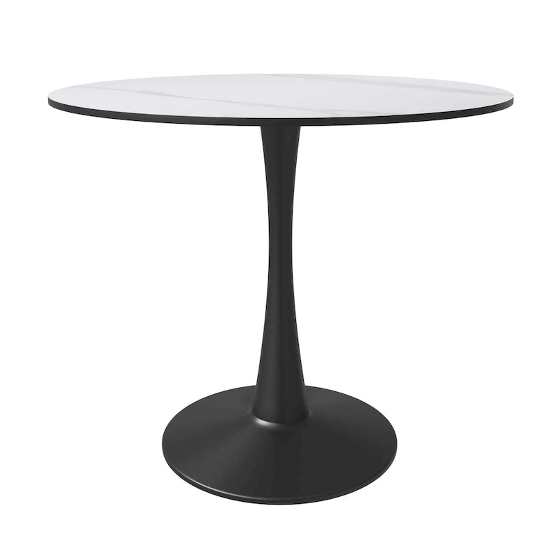 Table de salle à manger minimaliste ronde Bristol 32 pour 4 personnes, plateau en pierre frittée et piètement colonne en fer noir pour cuisine et salle à manger