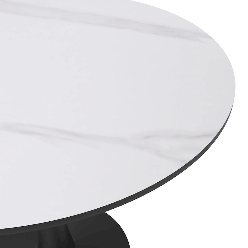 Table de salle à manger minimaliste ronde Bristol 32 pour 4 personnes, plateau en pierre frittée et piètement colonne en fer noir pour cuisine et salle à manger