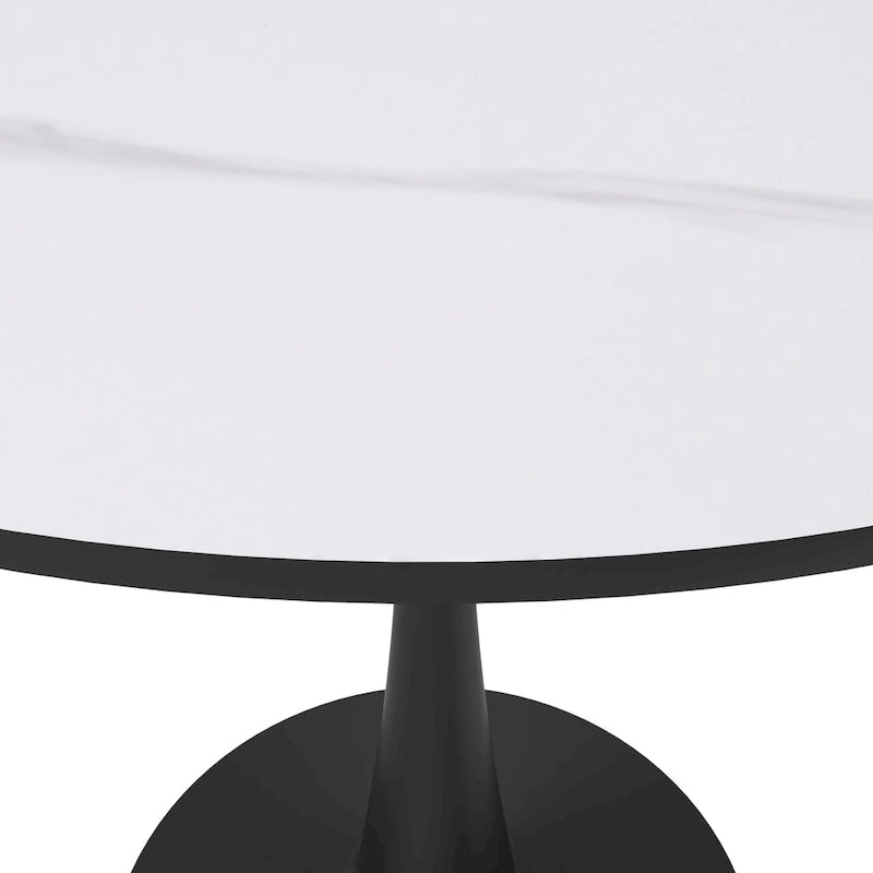 Table de salle à manger minimaliste ronde Bristol 32 pour 4 personnes, plateau en pierre frittée et piètement colonne en fer noir pour cuisine et salle à manger