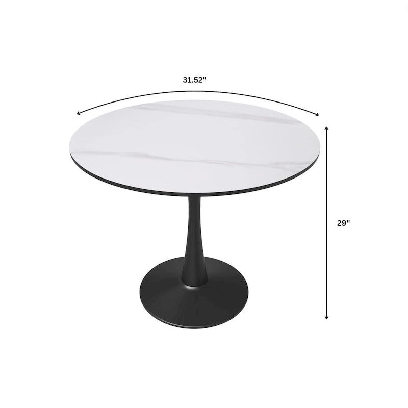 Table de salle à manger minimaliste ronde Bristol 32 pour 4 personnes, plateau en pierre frittée et piètement colonne en fer noir pour cuisine et salle à manger