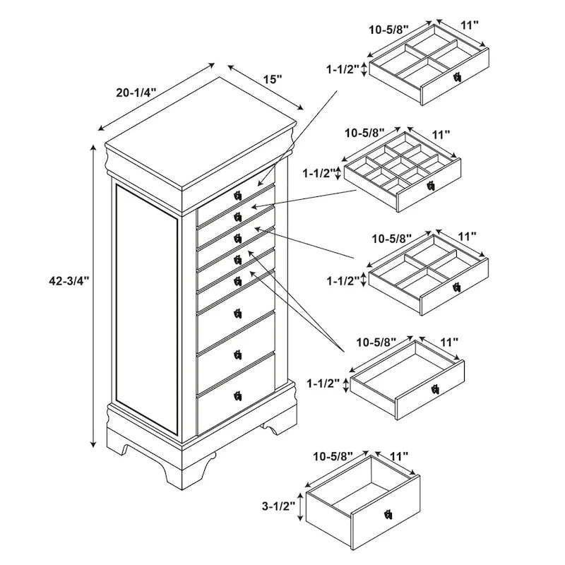 Armoire à bijoux en bois à plateau rabattable avec 8 tiroirs – 42,75 – Brun