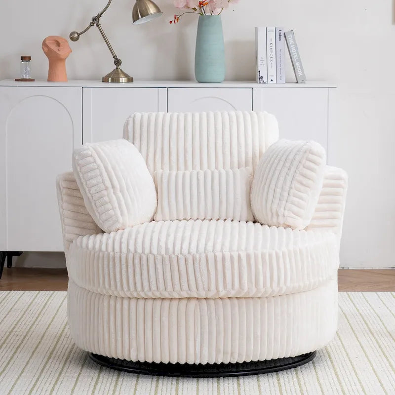 Fauteuil pivotant 360° surdimensionné en velours côtelé doux et moderne pour salon ou chambre avec oreillers