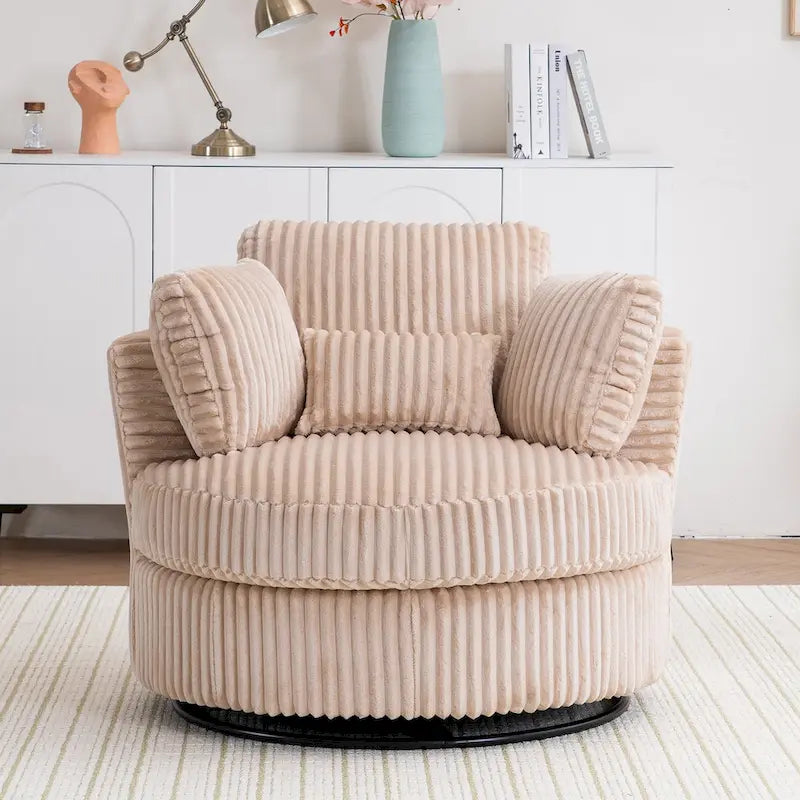 Fauteuil pivotant 360° surdimensionné en velours côtelé doux et moderne pour salon ou chambre avec oreillers