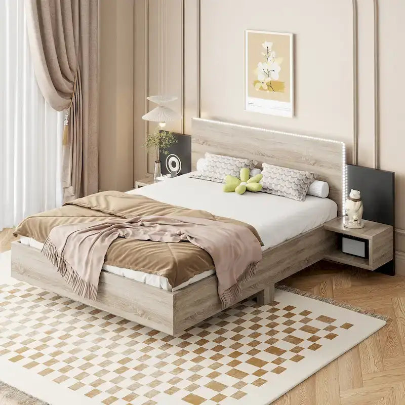 Cadre de lit Queen flottant moderne en bois avec 2 tables de chevet et lumières LED, aucun sommier tapissier requis