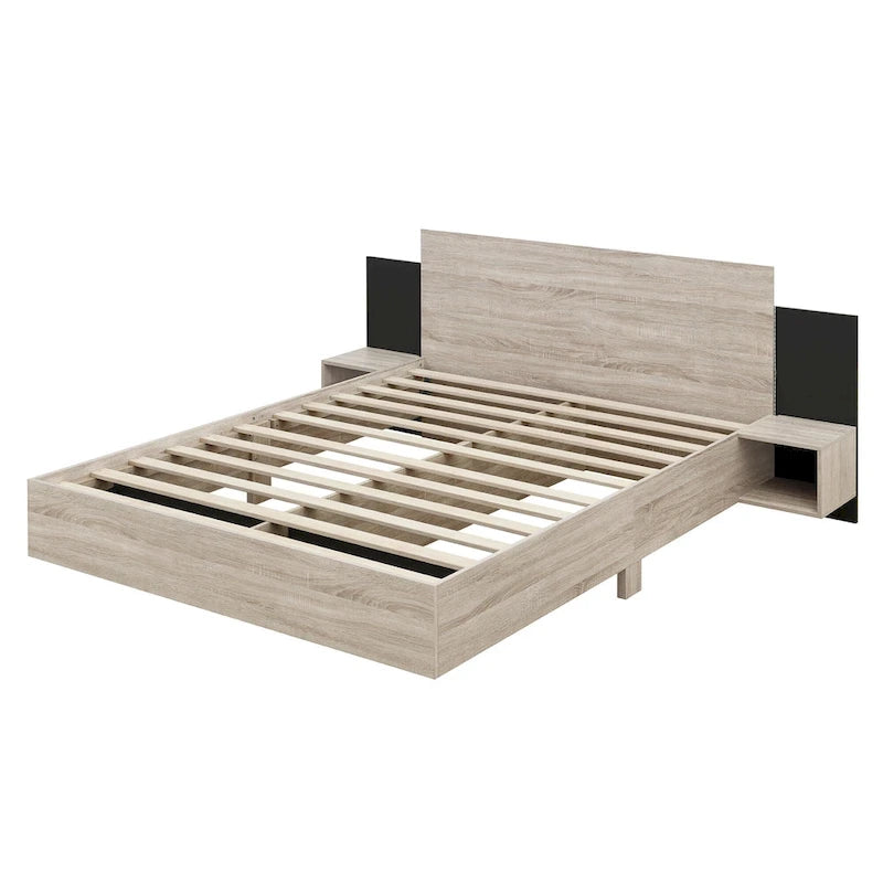 Cadre de lit Queen flottant moderne en bois avec 2 tables de chevet et lumières LED, aucun sommier tapissier requis