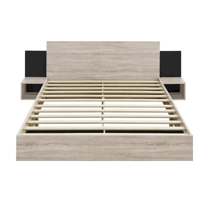 Cadre de lit Queen flottant moderne en bois avec 2 tables de chevet et lumières LED, aucun sommier tapissier requis