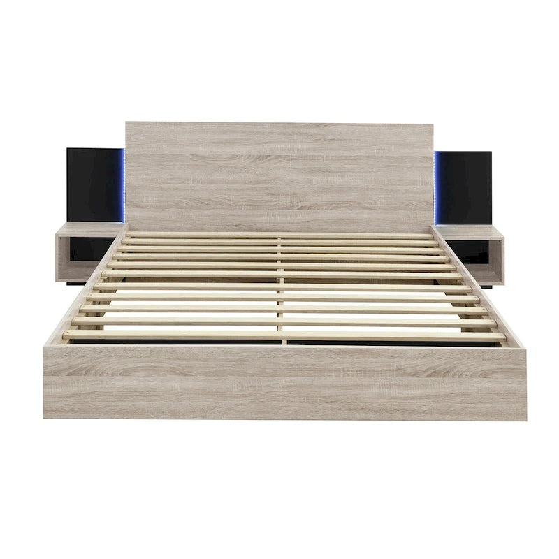 Cadre de lit Queen flottant moderne en bois avec 2 tables de chevet et lumières LED, aucun sommier tapissier requis