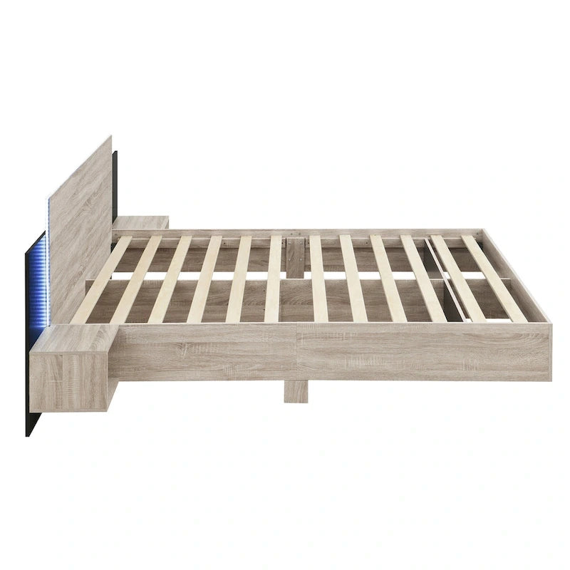 Cadre de lit Queen flottant moderne en bois avec 2 tables de chevet et lumières LED, aucun sommier tapissier requis