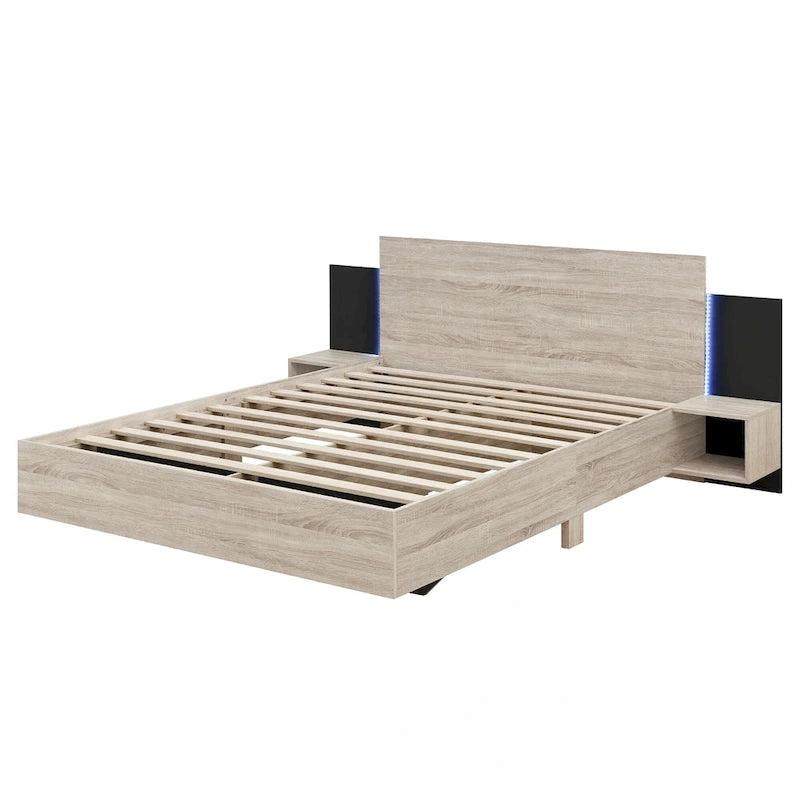 Cadre de lit Queen flottant moderne en bois avec 2 tables de chevet et lumières LED, aucun sommier tapissier requis