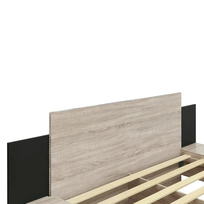 Cadre de lit Queen flottant moderne en bois avec 2 tables de chevet et lumières LED, aucun sommier tapissier requis