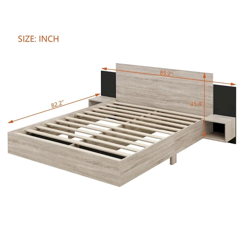 Cadre de lit Queen flottant moderne en bois avec 2 tables de chevet et lumières LED, aucun sommier tapissier requis