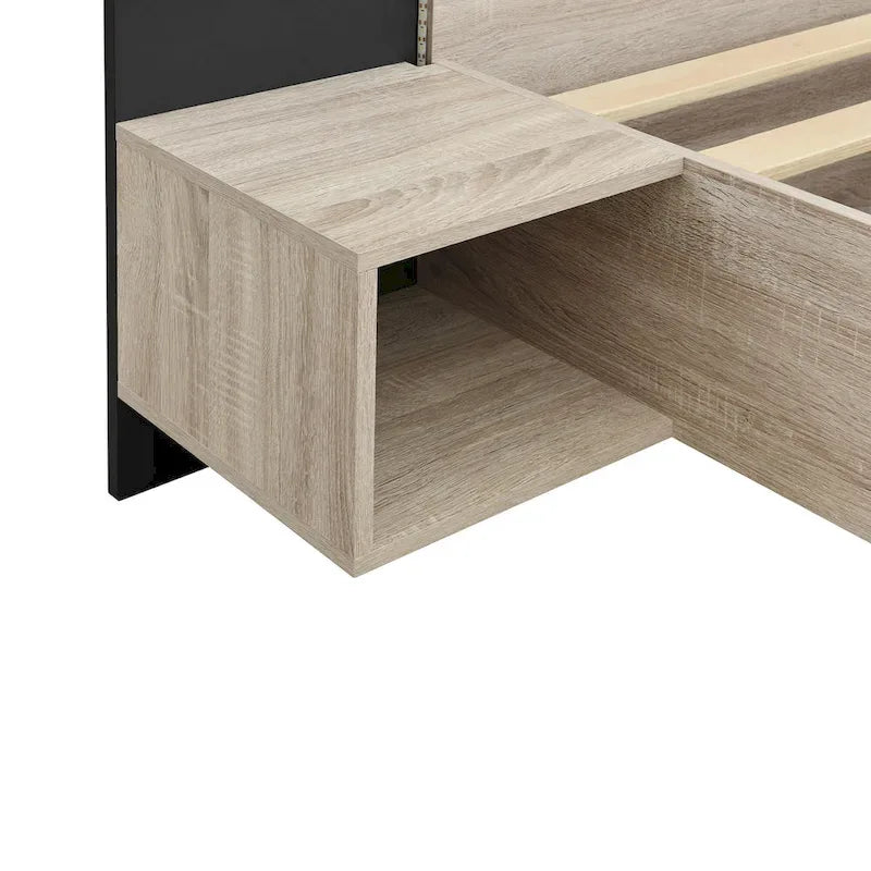 Cadre de lit Queen flottant moderne en bois avec 2 tables de chevet et lumières LED, aucun sommier tapissier requis