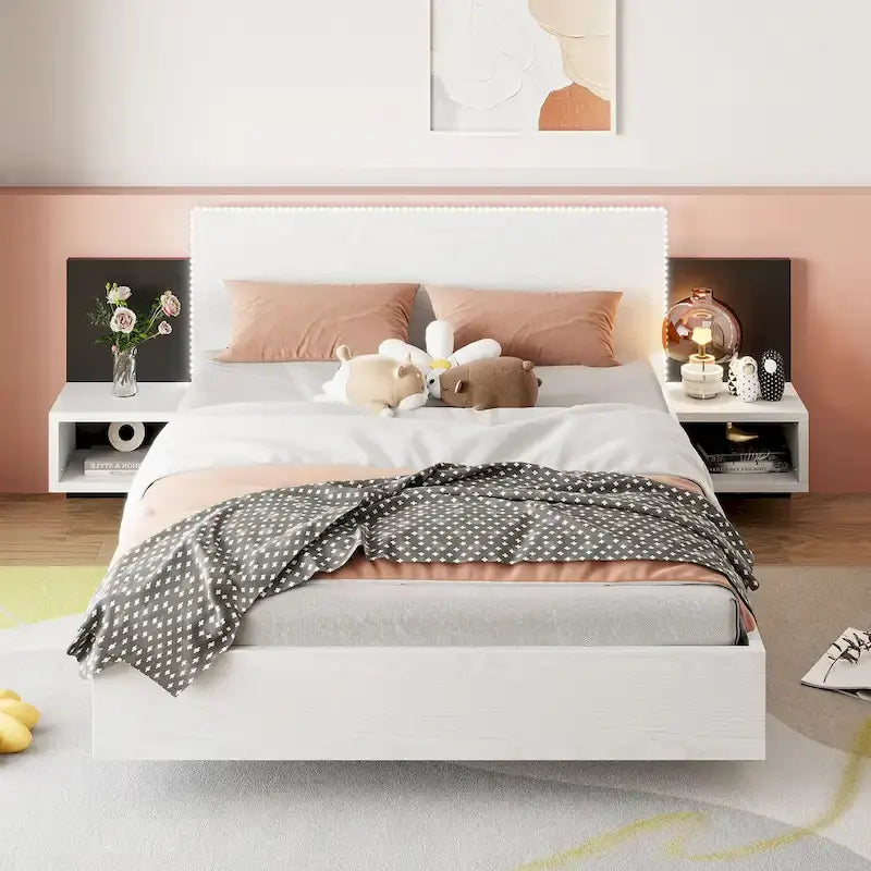 Cadre de lit Queen flottant moderne en bois avec 2 tables de chevet et lumières LED, aucun sommier tapissier requis
