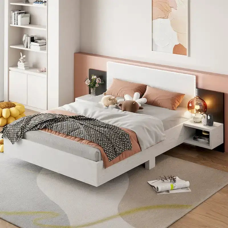 Cadre de lit Queen flottant moderne en bois avec 2 tables de chevet et lumières LED, aucun sommier tapissier requis