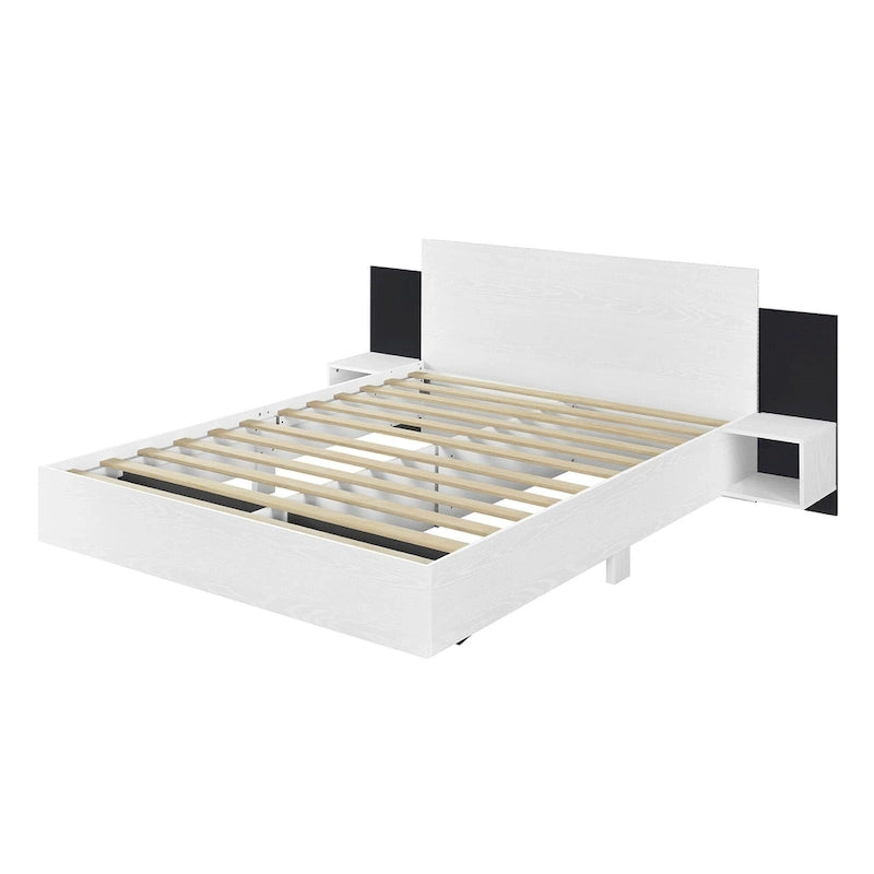 Cadre de lit Queen flottant moderne en bois avec 2 tables de chevet et lumières LED, aucun sommier tapissier requis