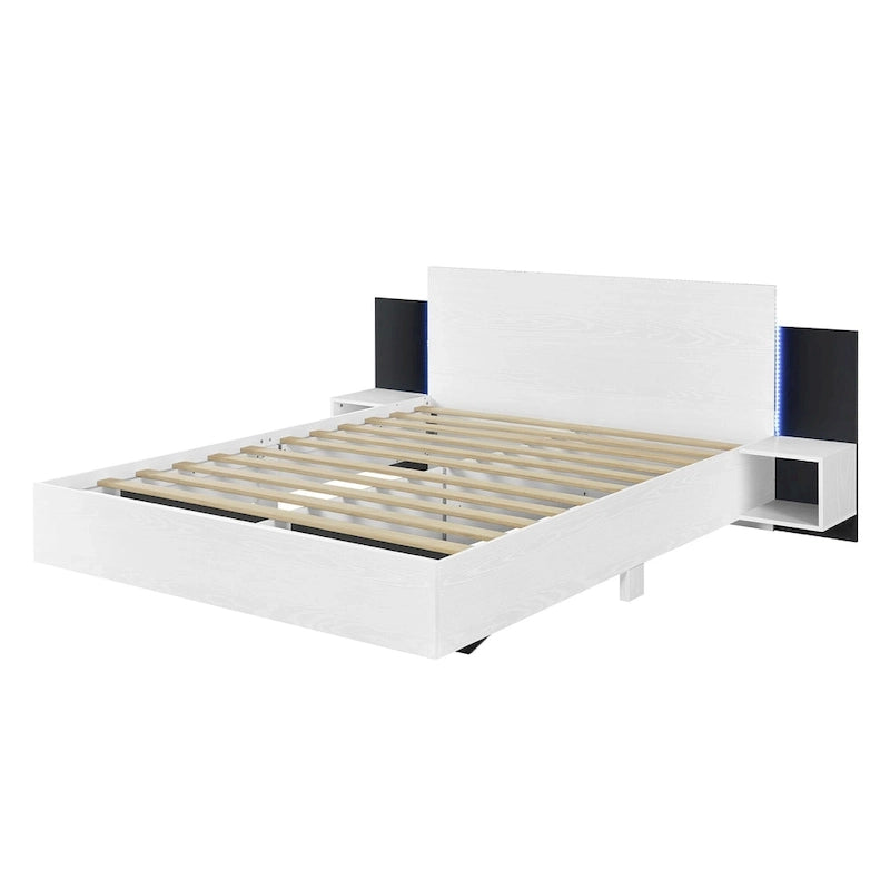 Cadre de lit Queen flottant moderne en bois avec 2 tables de chevet et lumières LED, aucun sommier tapissier requis