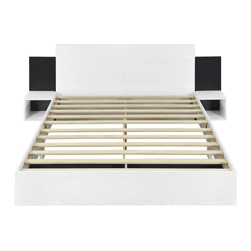 Cadre de lit Queen flottant moderne en bois avec 2 tables de chevet et lumières LED, aucun sommier tapissier requis