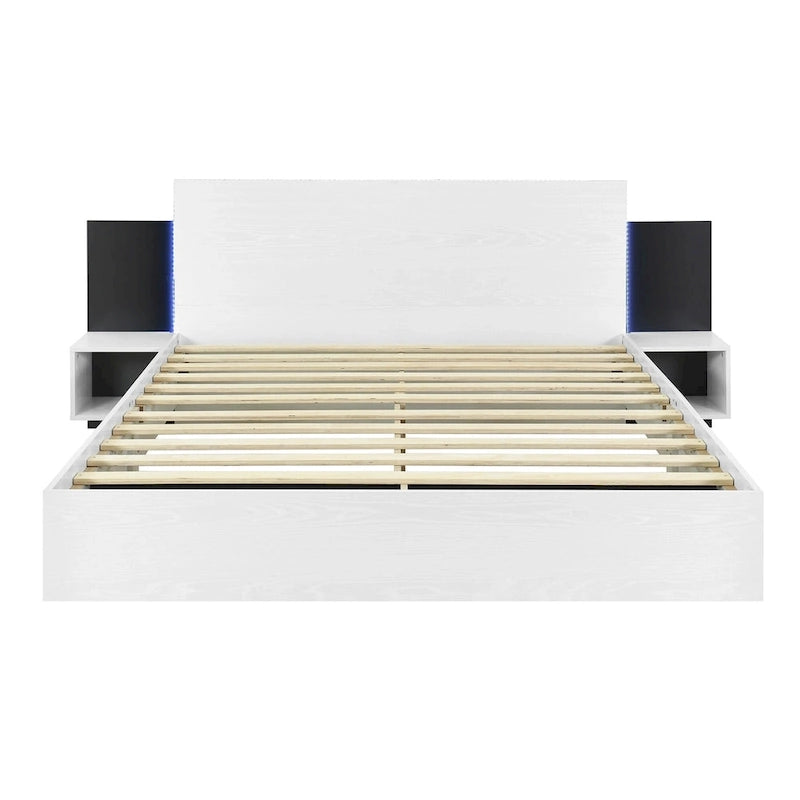 Cadre de lit Queen flottant moderne en bois avec 2 tables de chevet et lumières LED, aucun sommier tapissier requis