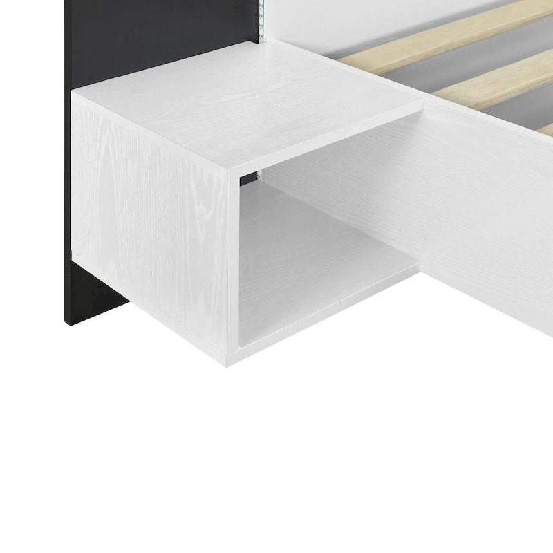 Cadre de lit Queen flottant moderne en bois avec 2 tables de chevet et lumières LED, aucun sommier tapissier requis