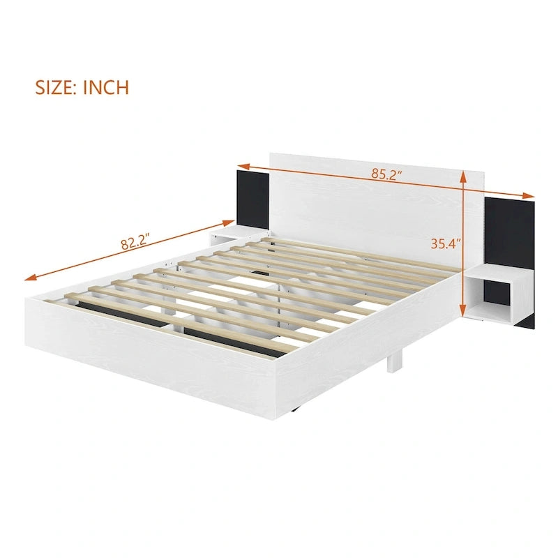 Cadre de lit Queen flottant moderne en bois avec 2 tables de chevet et lumières LED, aucun sommier tapissier requis