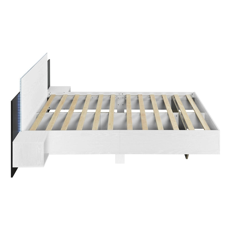 Cadre de lit Queen flottant moderne en bois avec 2 tables de chevet et lumières LED, aucun sommier tapissier requis